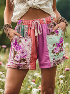 Women's Patchwork Rose Floral Contrast Waist Drawstring Pocket Shorts