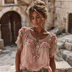 Women's Vintage Floral Embroidered Art Flowy Linen Blend Short Sleeve Casual Tops