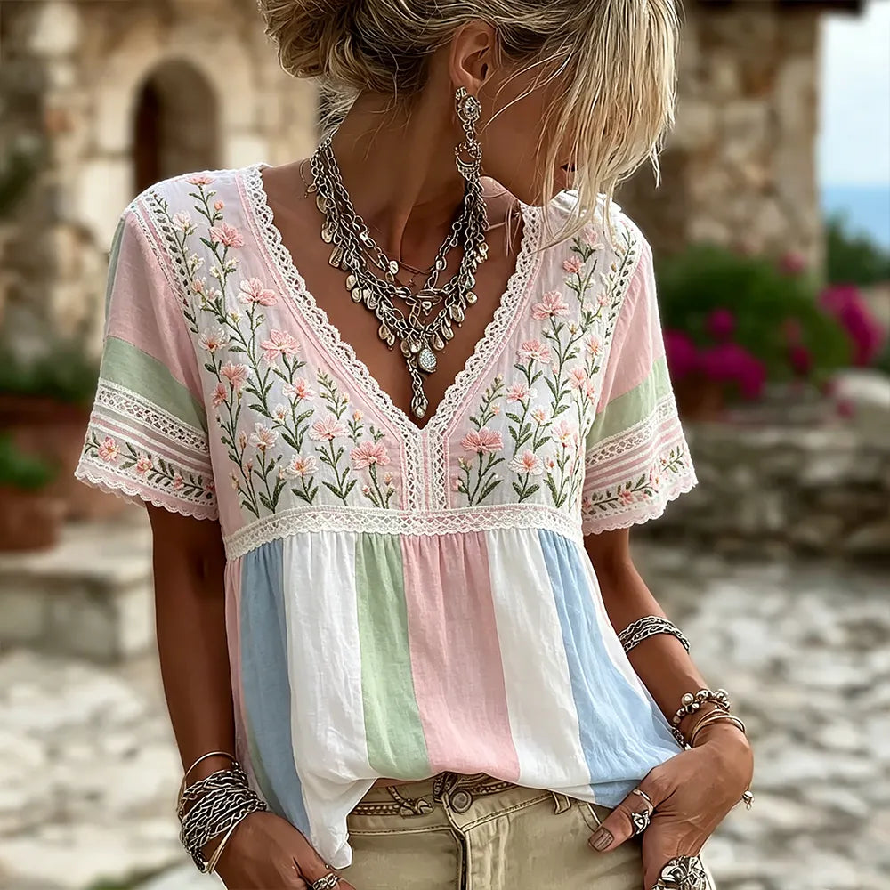 Women's Retro Floral Art Embroidered Color-block Spliced Comfortable Cotton Linen V-neck Short Sleeve Top