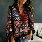 Vintage Floral Flag Art Cotton Linen V-neck Long Sleeve Top