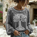 Women's Retro Viking Tree Of Life Pattern Casual Linen Blend T-shirt