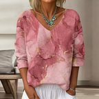 Women's Vintage Marble Art Print Flowy Linen Blend  Three-quarter Sleeve V Neck Linen Tops
