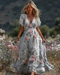 Women's Vintage Pink Floral Art Linen Blend Casual Short Sleeve Maxi Dress