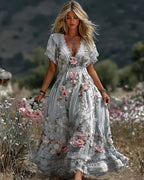 Women's Vintage Pink Floral Art Linen Blend Casual Short Sleeve Maxi Dress
