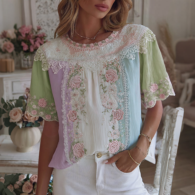 Women's Vintage Boho Floral Patchwork Art Round Neck Short Sleeve T-shirt