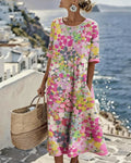 ✨⏰Robe Midi Femme Coton Lin Imprimé Floral Abstrait Poches Manches Courtes