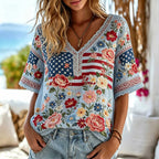Retro Floral Banner Art Cotton Linen V-neck Short Sleeve Top