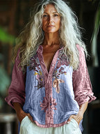 Bohemian Style Linen Floral Art Print  Long Sleeve Shirt