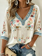 Women's Retro Floral Art Embroidery Casual V-neck Cotton Linen T-shirt