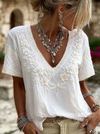 Vintage Style Cherry Blossom And Dragonfly Embroidered Linen Blend White Short Sleeve V-neck Top