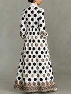 📦📦Classic Totem & Polka Dot Color-block Dress With Lapel, Cinched Waist, And Flared Skirt