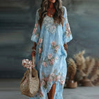 Women's Vintage Floral Art Flowy Linen Blend Casual Long Sleeve Maxi Dress