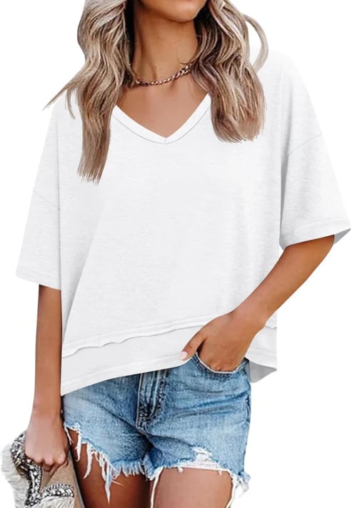📦📦Womens Summer V Neck T Shirts Casual Short Sleeve Flowy Tops Cute Loose Fit Basic Tees Summervibes