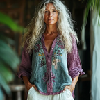 Bohemian Style Linen Floral Art Print  Long Sleeve Shirt