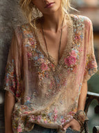 Vintage Floral 3d Art Embroidery Lace Cotton Linen Washed V-neck Short Sleeve Top