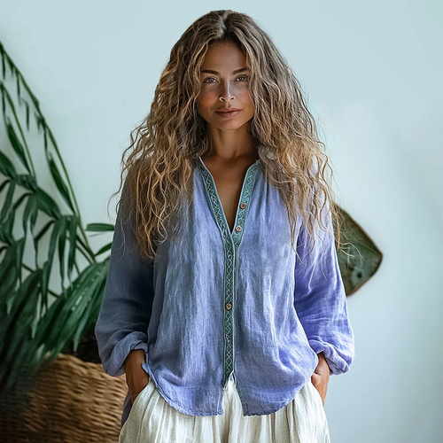Bohemian Style Linen Print  Long Sleeve Shirt