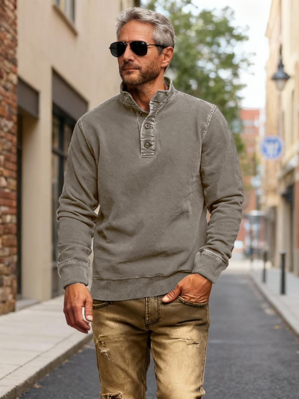 NEW🔥 Men's Retro Casual Stand Collar Button Solid Color Sweatshirt
