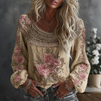 Women's Floral Embroidered Art Print Flowy Linen Blend Casual Tops