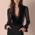 French Vintage Luxury Pure Desire Lace-patchwork Velvet Blouse