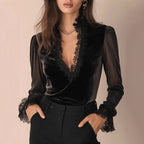 French Vintage Luxury Pure Desire Lace-patchwork Velvet Blouse