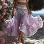 Women's Greece Vacation Greek Key With Floral Art Linen Blend Casual Skirt