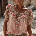 Women's Vintage Floral Embroidered Art Flowy Linen Blend Short Sleeve Casual Tops