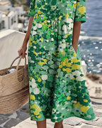 ✨⏰Robe Midi Femme Coton Lin Imprimé Floral Abstrait Poches Manches Courtes