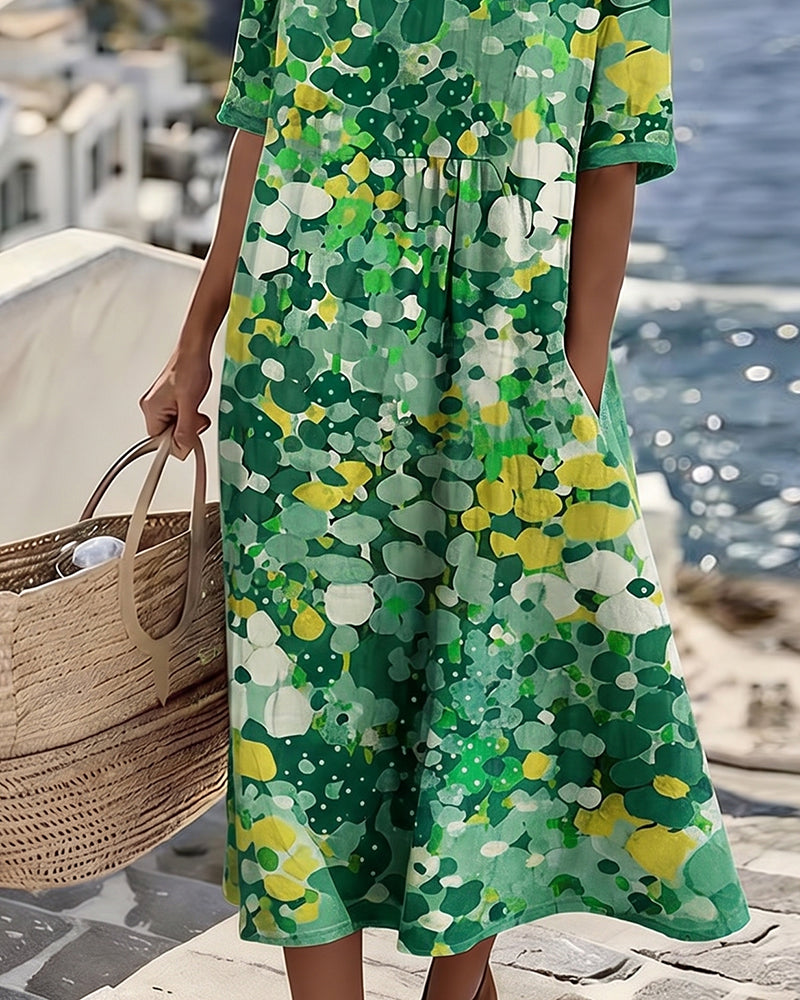 ✨⏰Robe Midi Femme Coton Lin Imprimé Floral Abstrait Poches Manches Courtes