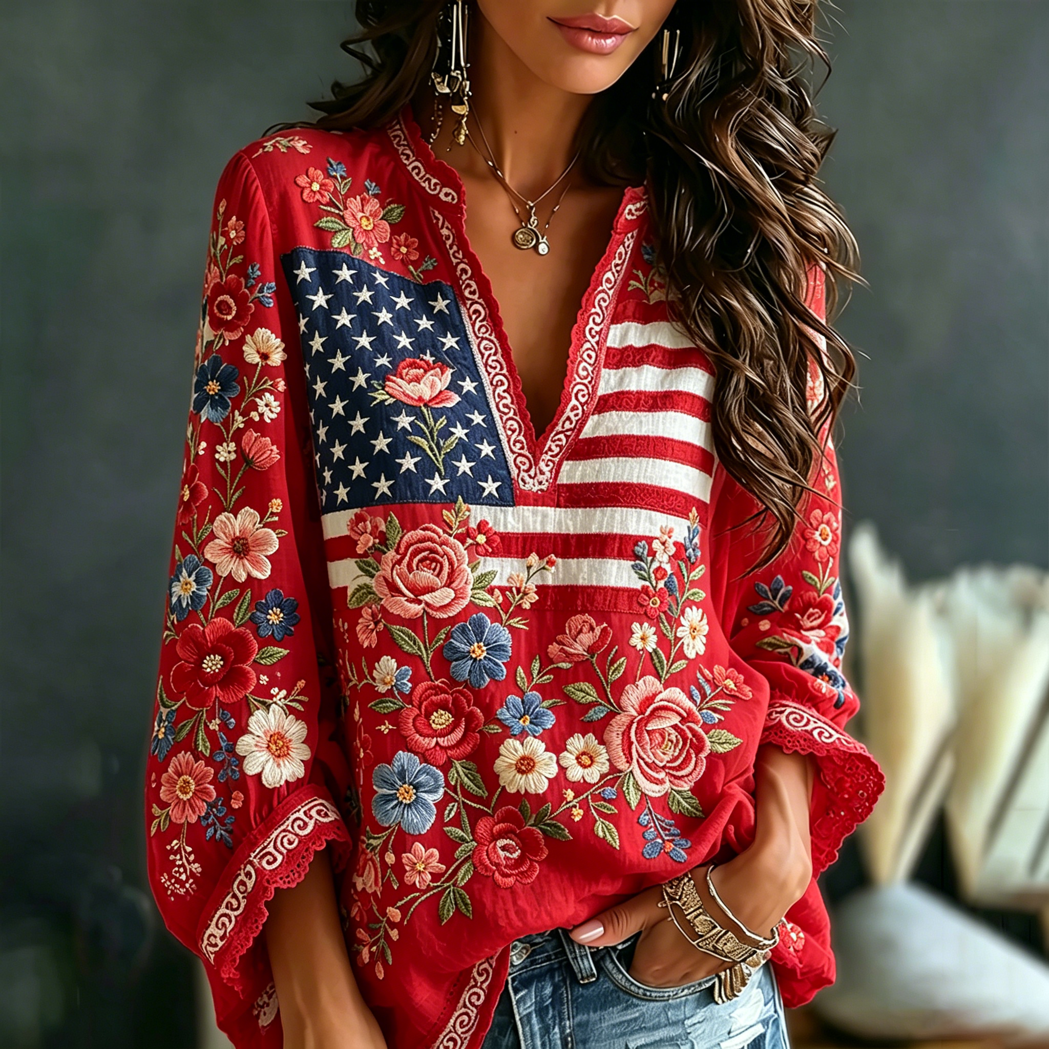 Vintage Floral Flag Art Cotton Linen V-neck Long Sleeve Top