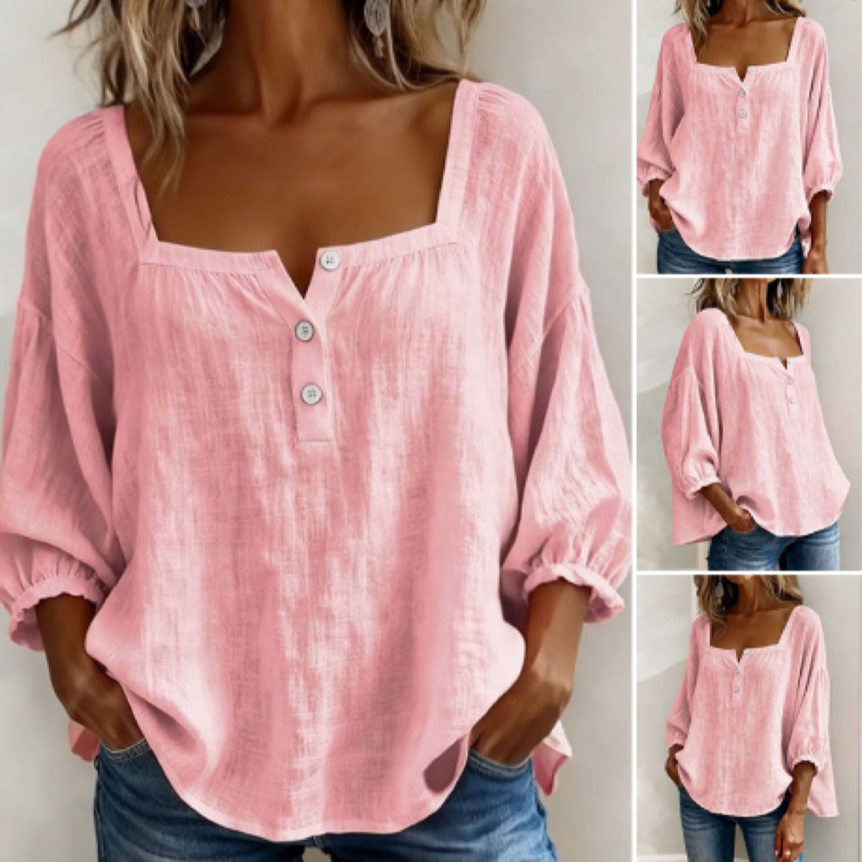 📦📦🌸Pink Square-Neck Half-Button Shirt
