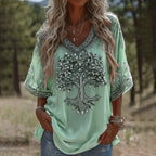 Women's Retro Viking Tree Of Life Sequins Art Linen T-shirt