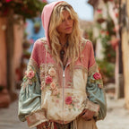 Women's Floral Embroidery Color Block Boho Casual Zip-up Hoodie