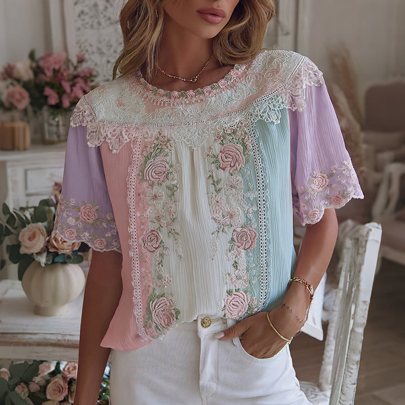 Women's Vintage Boho Floral Patchwork Art Round Neck Short Sleeve T-shirt