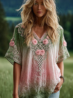Women's Retro Celtic Knot With Floral Gradient Art Linen Blend T-shirt