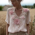 Bohemian Retro Pink Floral Pattern Women's Short-sleeve Top