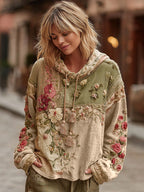 Women's Floral Embroidery Color Block Boho Casual Hooded Sweatshirt