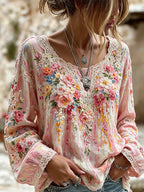 Women's Oil Painting Romantic Floral And Lace Art Cotton Linen Colorful Round Neck Long Sleeve Top