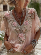 Women's Pink Roses Embroidered Art V-neck Short Sleeve Linen Blend T-shirt
