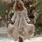 Women's Vintage Romantic White Rose Embroidery Art Comfy Linen Maxi Dress