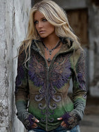 Women's Viking Mythology Phoenix Embroidery Comfortable Warm Zipper Hoodie