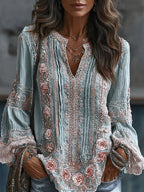 Women's Floral Embroidered Art Print Flowy Linen Blend Casual Tops