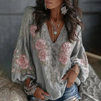 Women's Retro Floral Embroidered Art Print Flowy Linen Blend Casual Tops