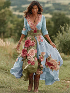 Women's Vintage Floral Art V Neck Linen Blend Maxi Dress
