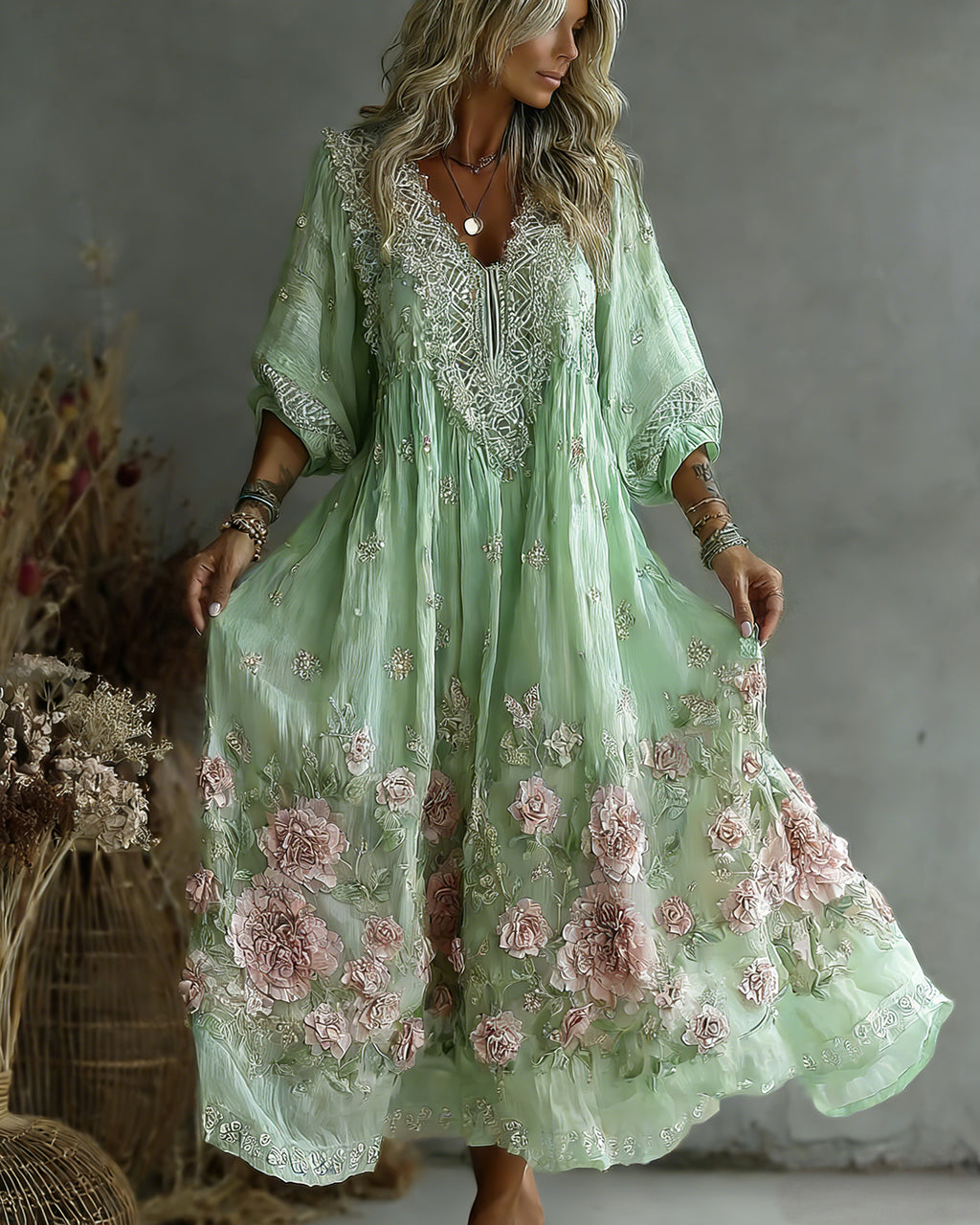 Women's Retro Floral Art Flowy Linen Blend Casual Long Sleeve Maxi Dress