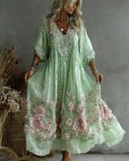Women's Retro Floral Art Flowy Linen Blend Casual Long Sleeve Maxi Dress