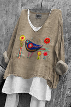 Women's Flower And Bird Embroidery Art Linen V-neck Shirt