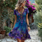 Women's Vintage Floral Embroidery Gradient Short Dress