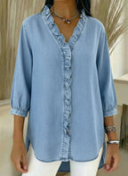 Women's Casual Denim V-Neck Ruffled Shirt