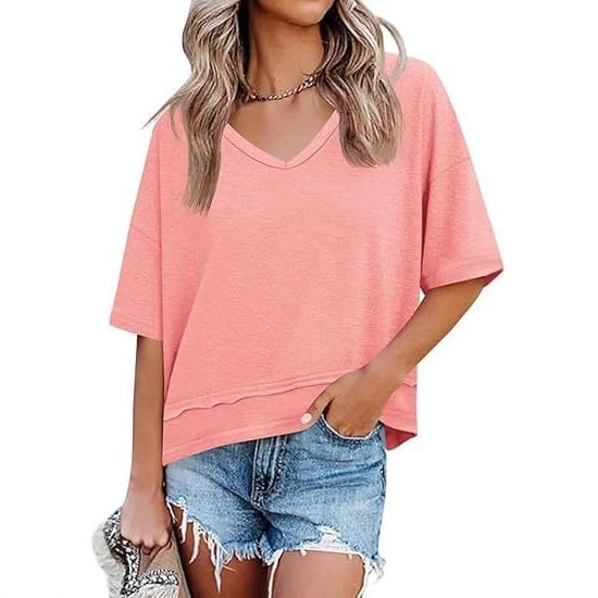 📦📦Womens Summer V Neck T Shirts Casual Short Sleeve Flowy Tops Cute Loose Fit Basic Tees Summervibes