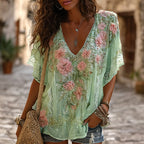 Women's Retro Boho Pink Floral Embroidered Art V-neck Short Sleeve T-shirt